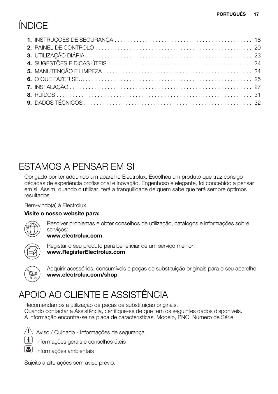 Índice, Estamos a pensar em si, Apoio ao cliente e assistência | Electrolux EUX2245AOX User Manual | Page 17 / 64