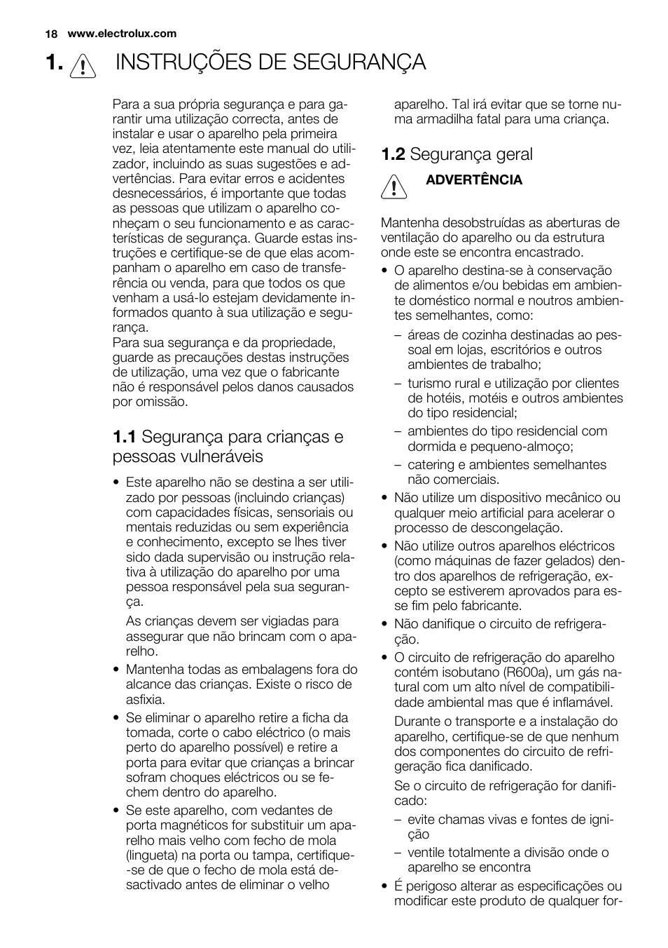 Instruções de segurança, 1 segurança para crianças e pessoas vulneráveis, 2 segurança geral | Electrolux EUX2245AOX User Manual | Page 18 / 64