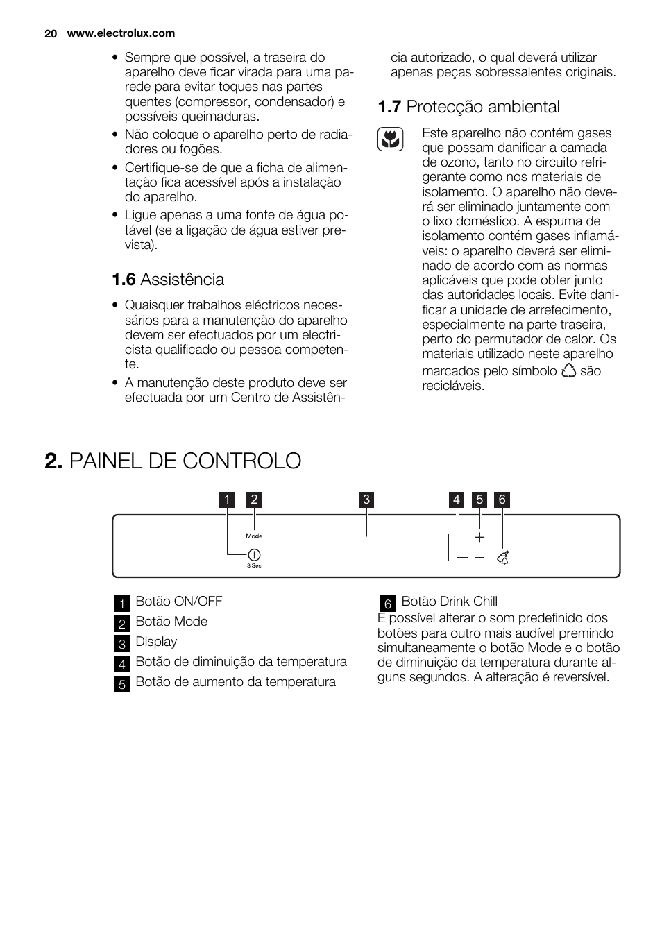 Painel de controlo, 6 assistência, 7 protecção ambiental | Electrolux EUX2245AOX User Manual | Page 20 / 64