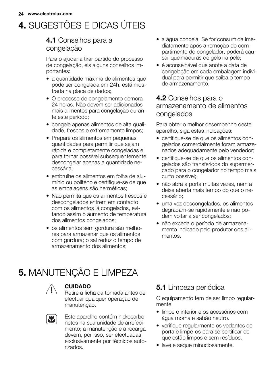 Sugestões e dicas úteis, Manutenção e limpeza, 1 conselhos para a congelação | 1 limpeza periódica | Electrolux EUX2245AOX User Manual | Page 24 / 64