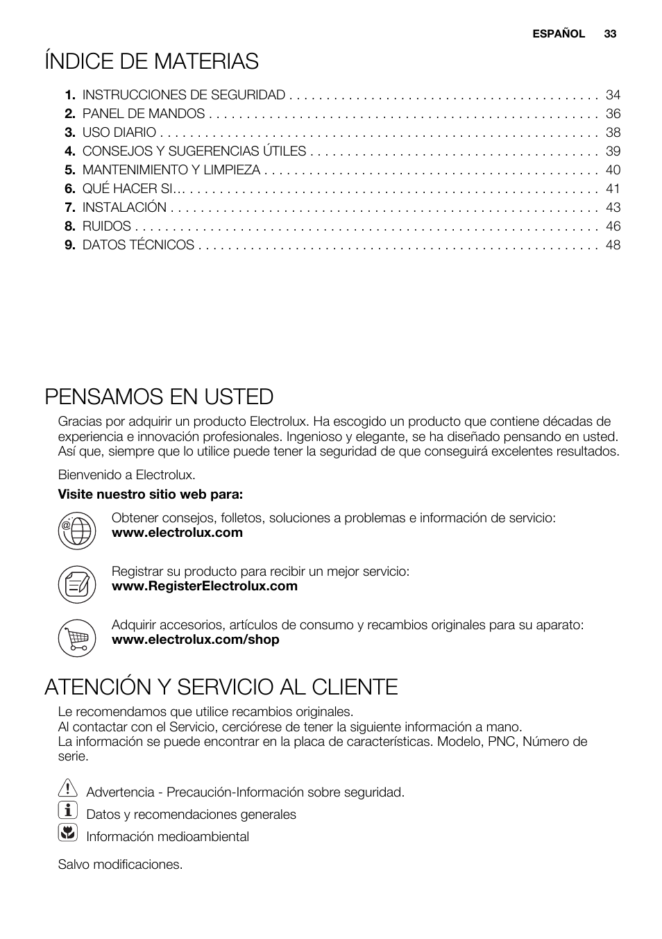 Índice de materias, Pensamos en usted, Atención y servicio al cliente | Electrolux EUX2245AOX User Manual | Page 33 / 64