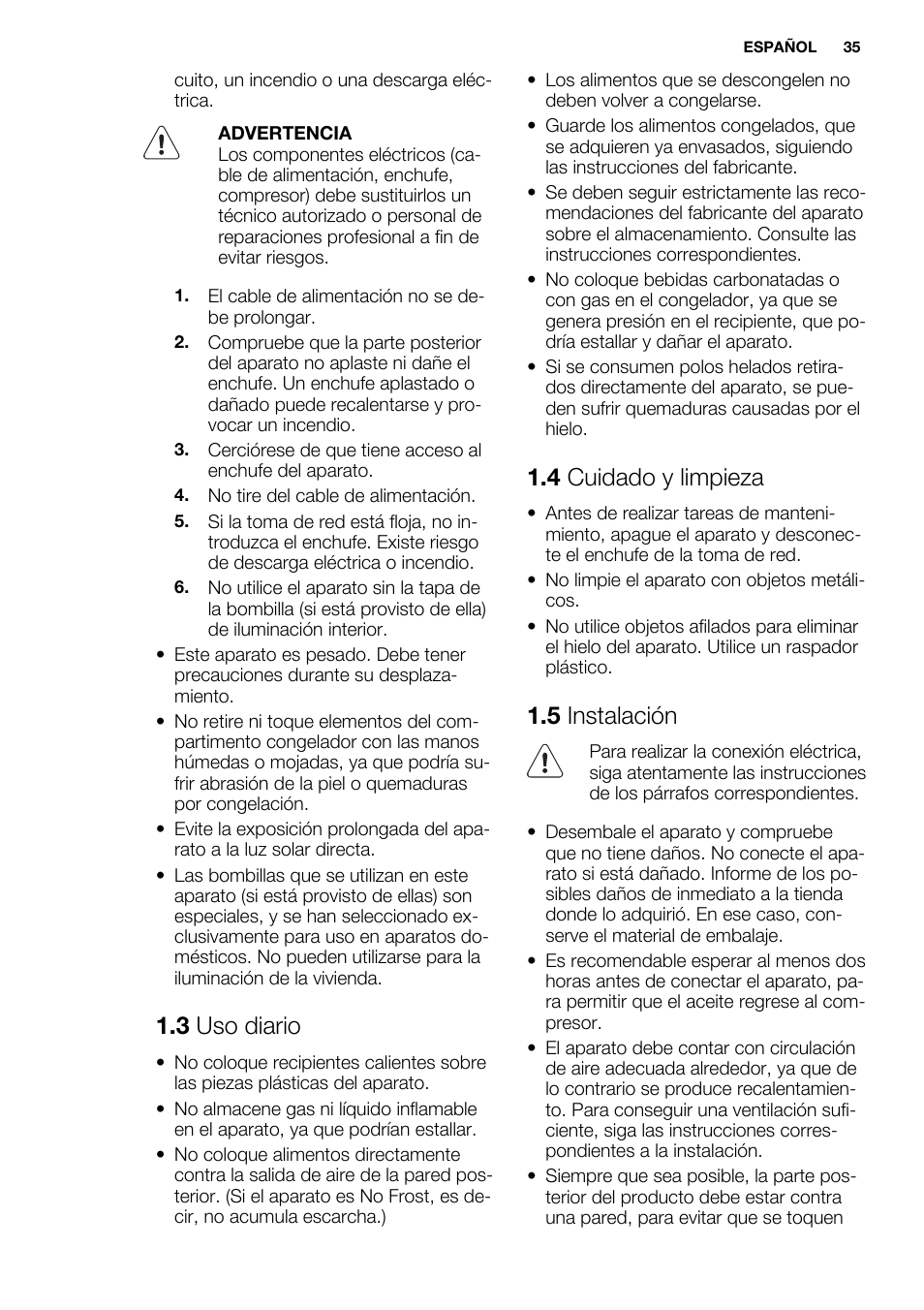3 uso diario, 4 cuidado y limpieza, 5 instalación | Electrolux EUX2245AOX User Manual | Page 35 / 64