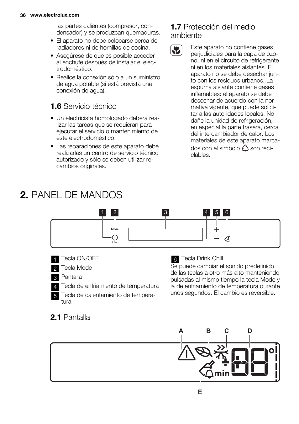 Panel de mandos, 6 servicio técnico, 7 protección del medio ambiente | 1 pantalla | Electrolux EUX2245AOX User Manual | Page 36 / 64