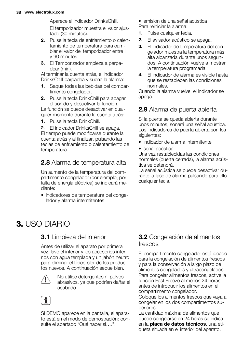Uso diario, 8 alarma de temperatura alta, 9 alarma de puerta abierta | 1 limpieza del interior, 2 congelación de alimentos frescos | Electrolux EUX2245AOX User Manual | Page 38 / 64