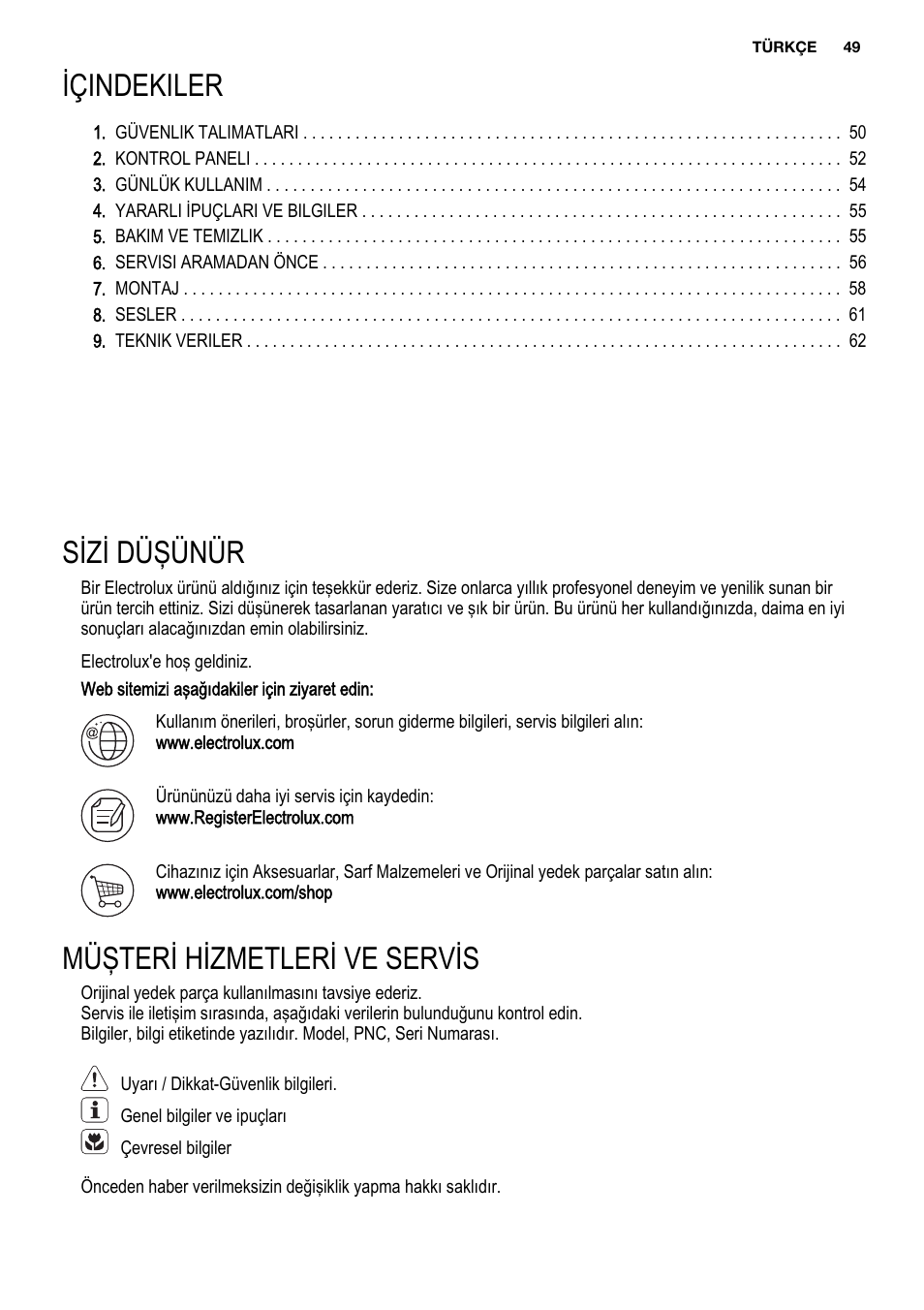 Içindekiler, Sizi düşünür, Müşteri hizmetleri ve servis | Electrolux EUX2245AOX User Manual | Page 49 / 64