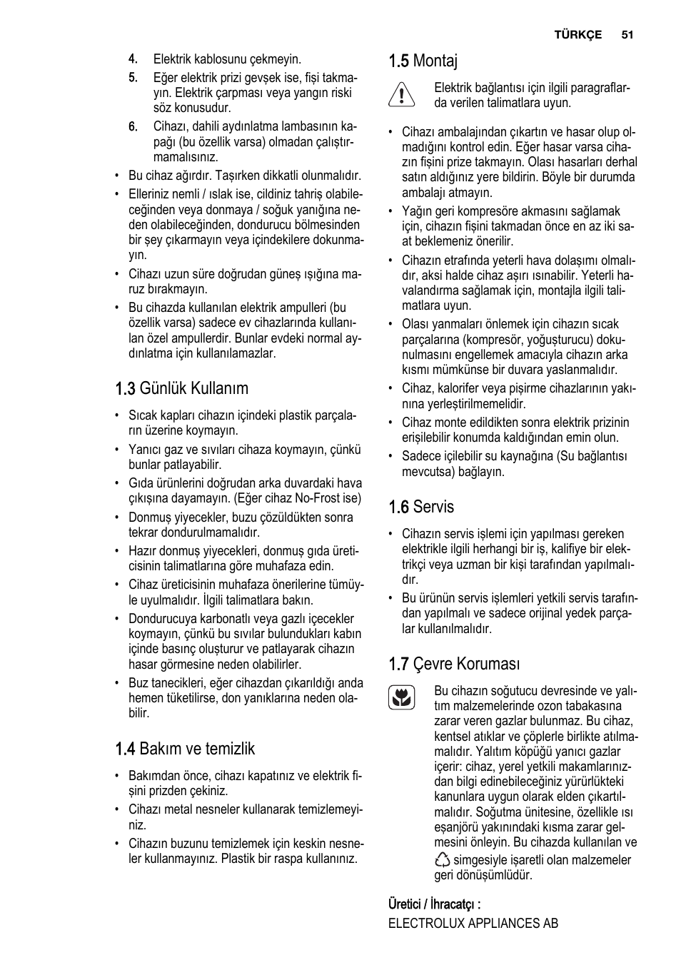 3 günlük kullanım, 4 bakım ve temizlik, 5 montaj | 6 servis, 7 çevre koruması | Electrolux EUX2245AOX User Manual | Page 51 / 64