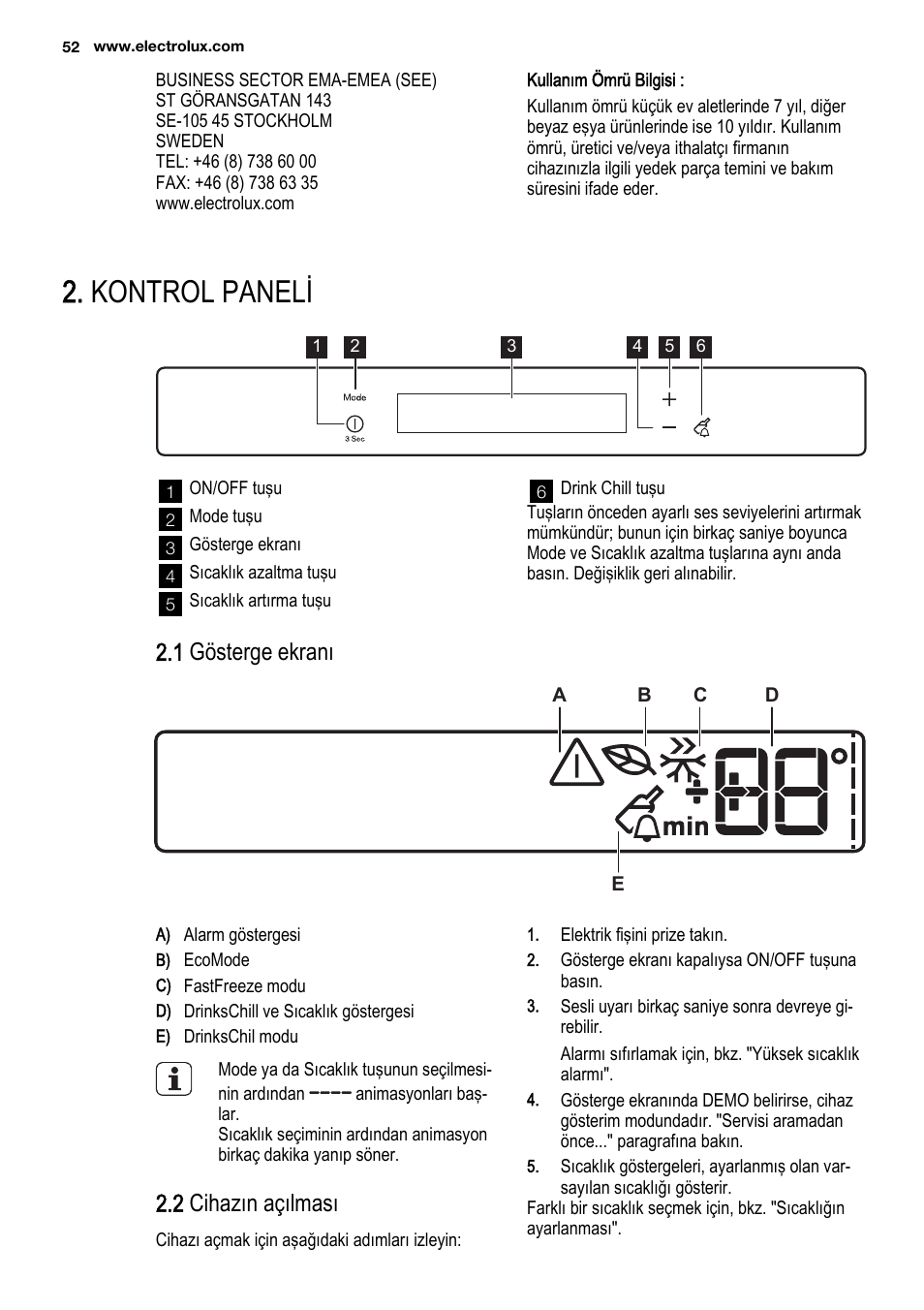 Kontrol paneli, 1 gösterge ekranı, 2 cihazın açılması | Electrolux EUX2245AOX User Manual | Page 52 / 64