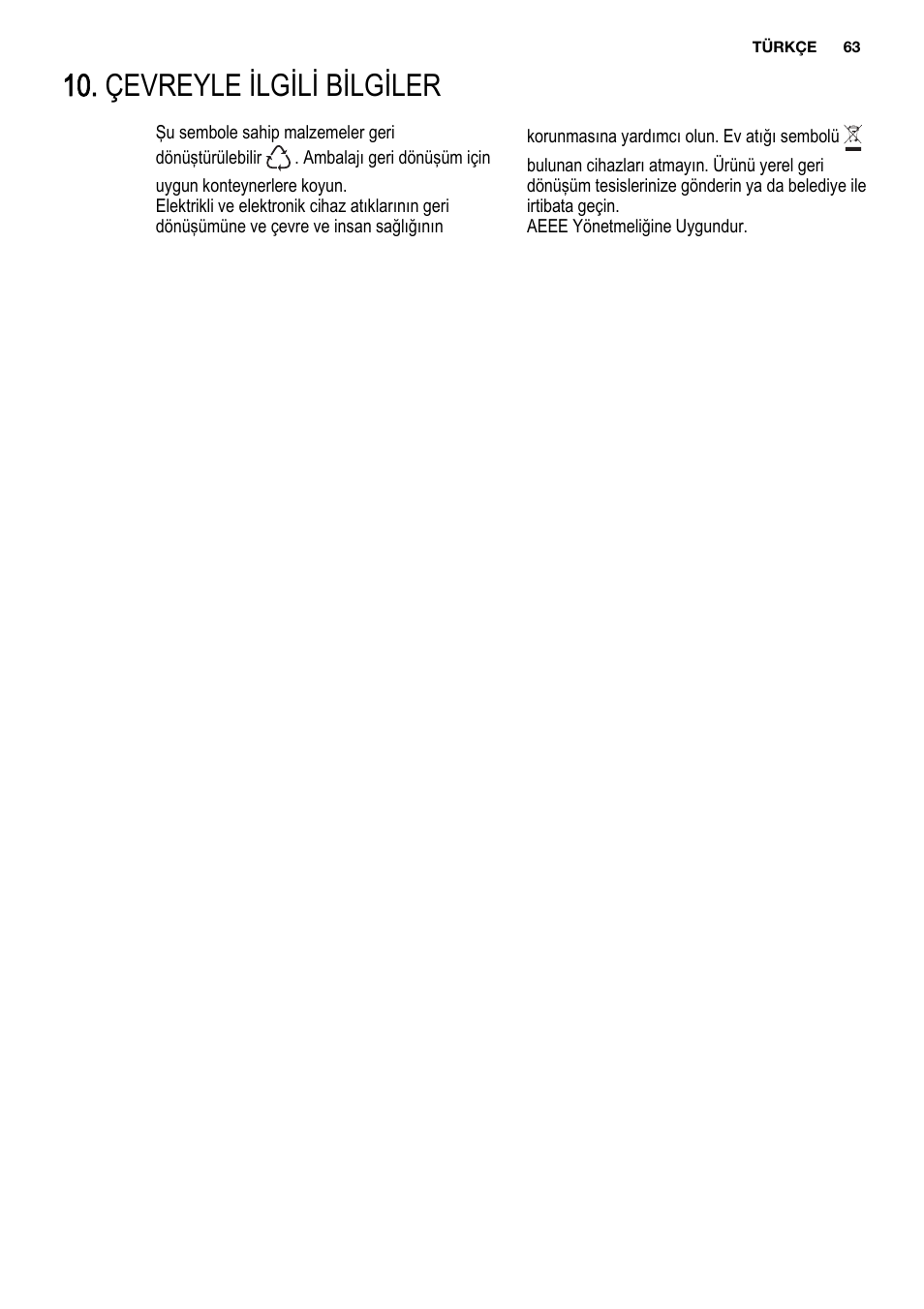 Çevreyle ilgili bilgiler | Electrolux EUX2245AOX User Manual | Page 63 / 64