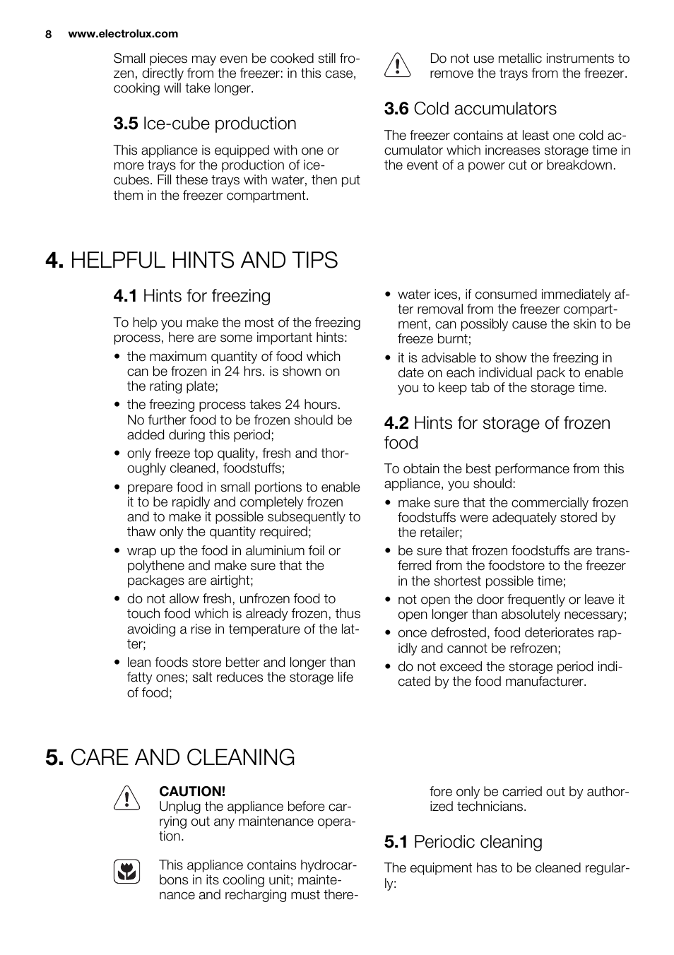 Helpful hints and tips, Care and cleaning, 5 ice-cube production | 6 cold accumulators, 1 hints for freezing, 2 hints for storage of frozen food, 1 periodic cleaning | Electrolux EUX2245AOX User Manual | Page 8 / 64