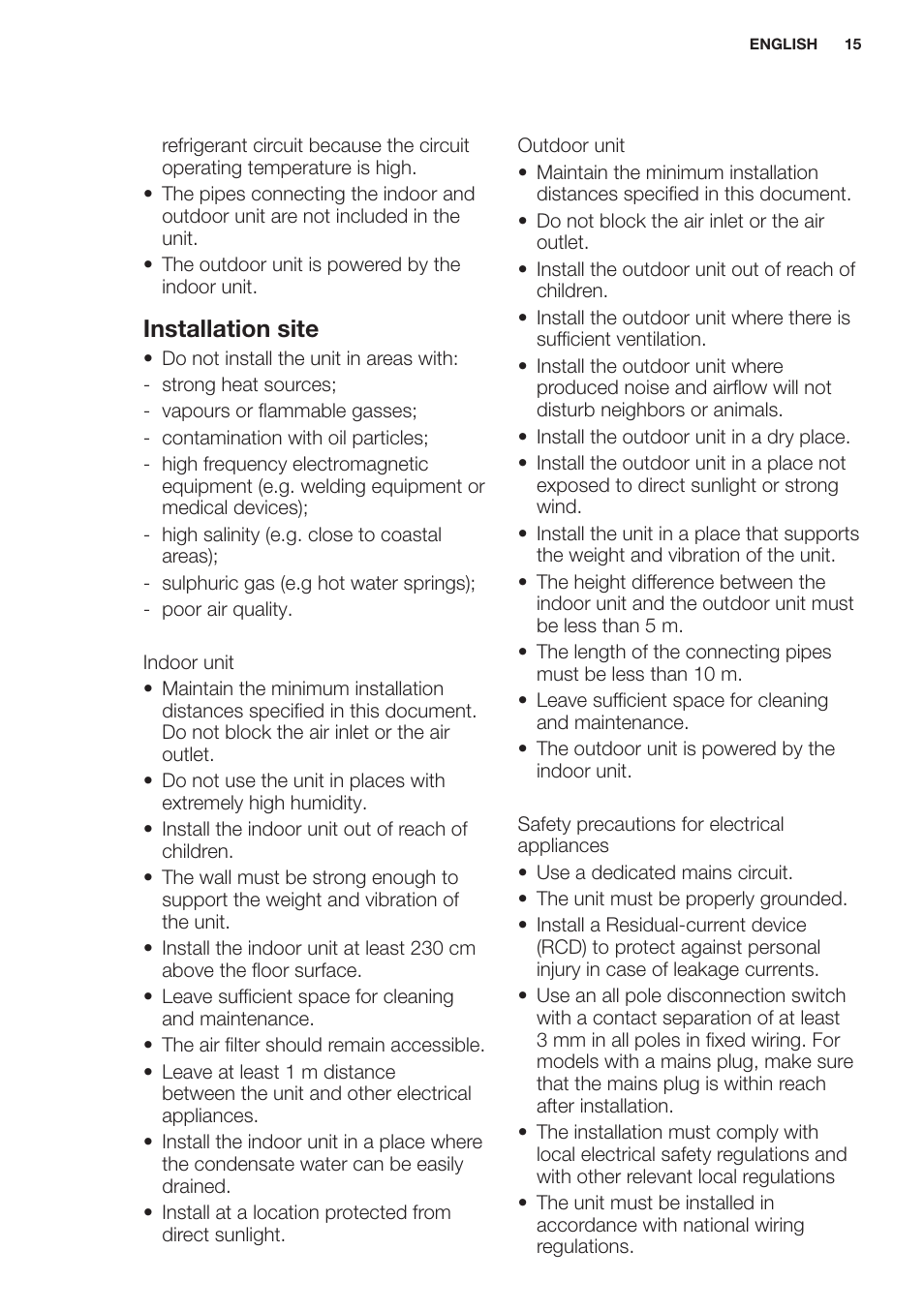 Installation site | Electrolux EXH09HL1WI User Manual | Page 15 / 112