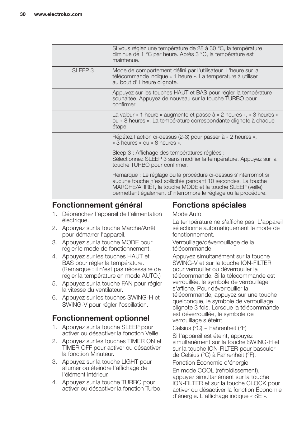 Fonctionnement général, Fonctionnement optionnel, Fonctions spéciales | Electrolux EXH09HL1WI User Manual | Page 30 / 112