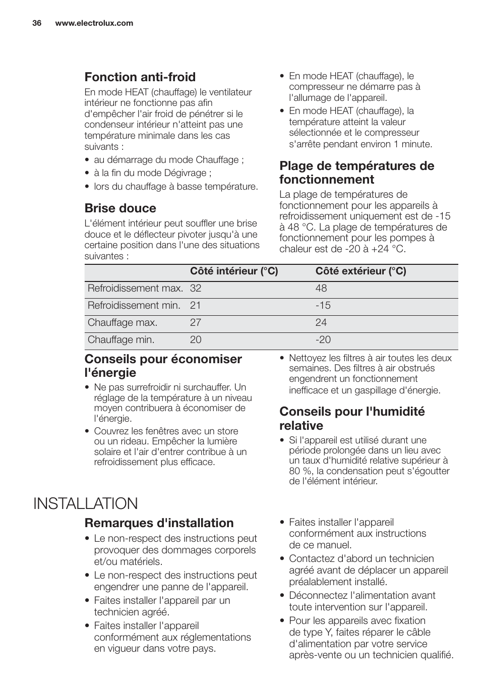 Installation, Fonction anti-froid, Brise douce | Plage de températures de fonctionnement, Conseils pour économiser l'énergie, Conseils pour l'humidité relative, Remarques d'installation | Electrolux EXH09HL1WI User Manual | Page 36 / 112