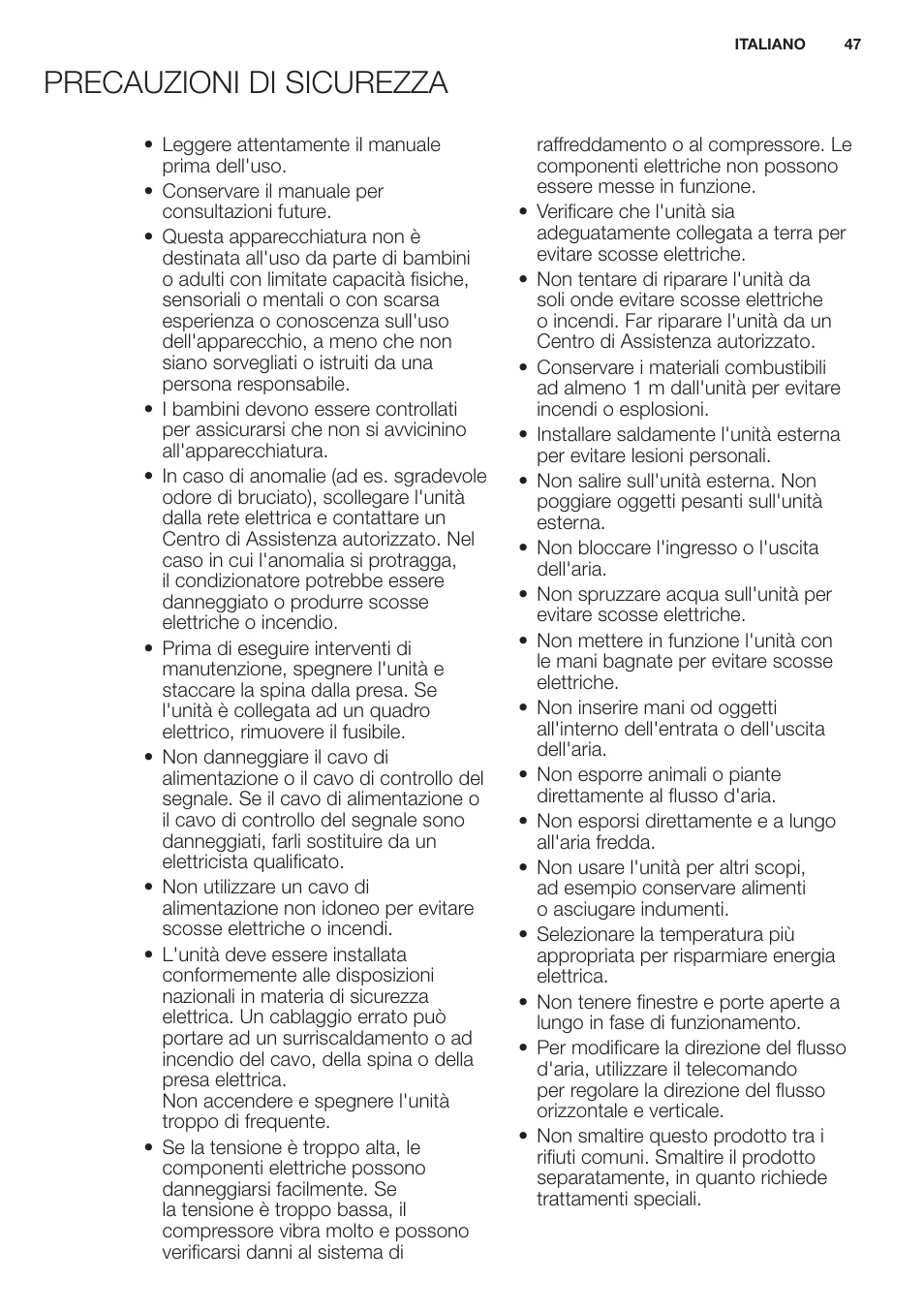 Precauzioni di sicurezza | Electrolux EXH09HL1WI User Manual | Page 47 / 112