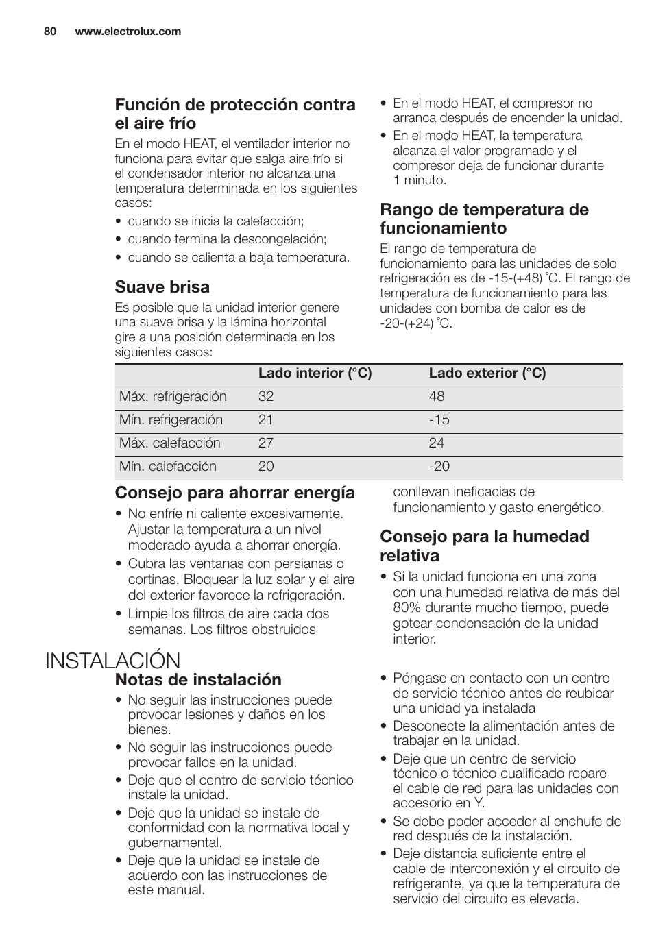 Instalación, Función de protección contra el aire frío, Suave brisa | Rango de temperatura de funcionamiento, Consejo para ahorrar energía, Consejo para la humedad relativa, Notas de instalación | Electrolux EXH09HL1WI User Manual | Page 80 / 112