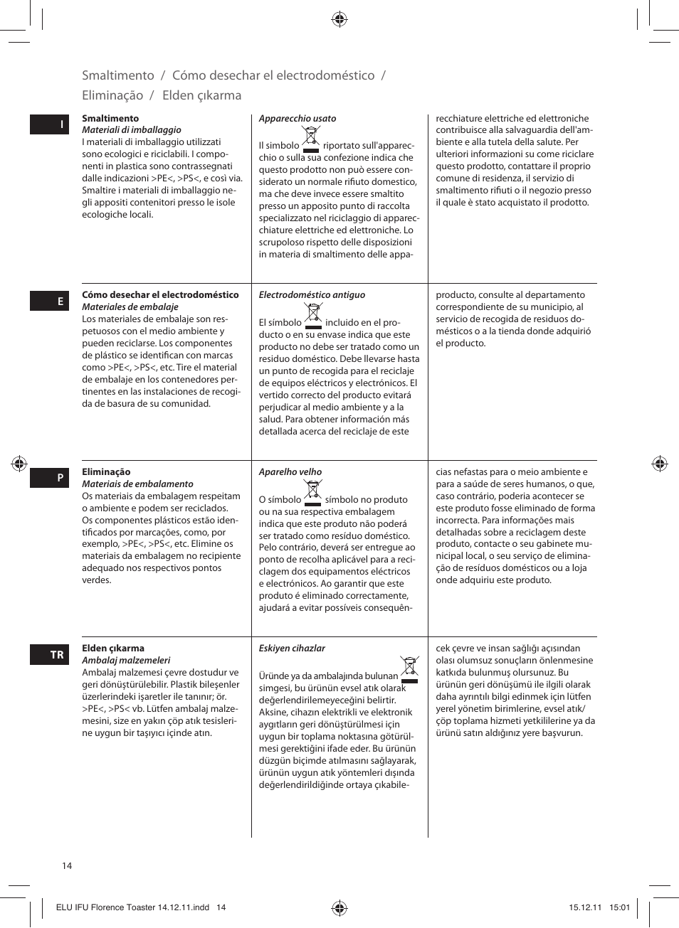 Smaltimento, Cómo desechar el electrodoméstico, Eliminação | Elden çıkarma | Electrolux EAT5110 User Manual | Page 14 / 48