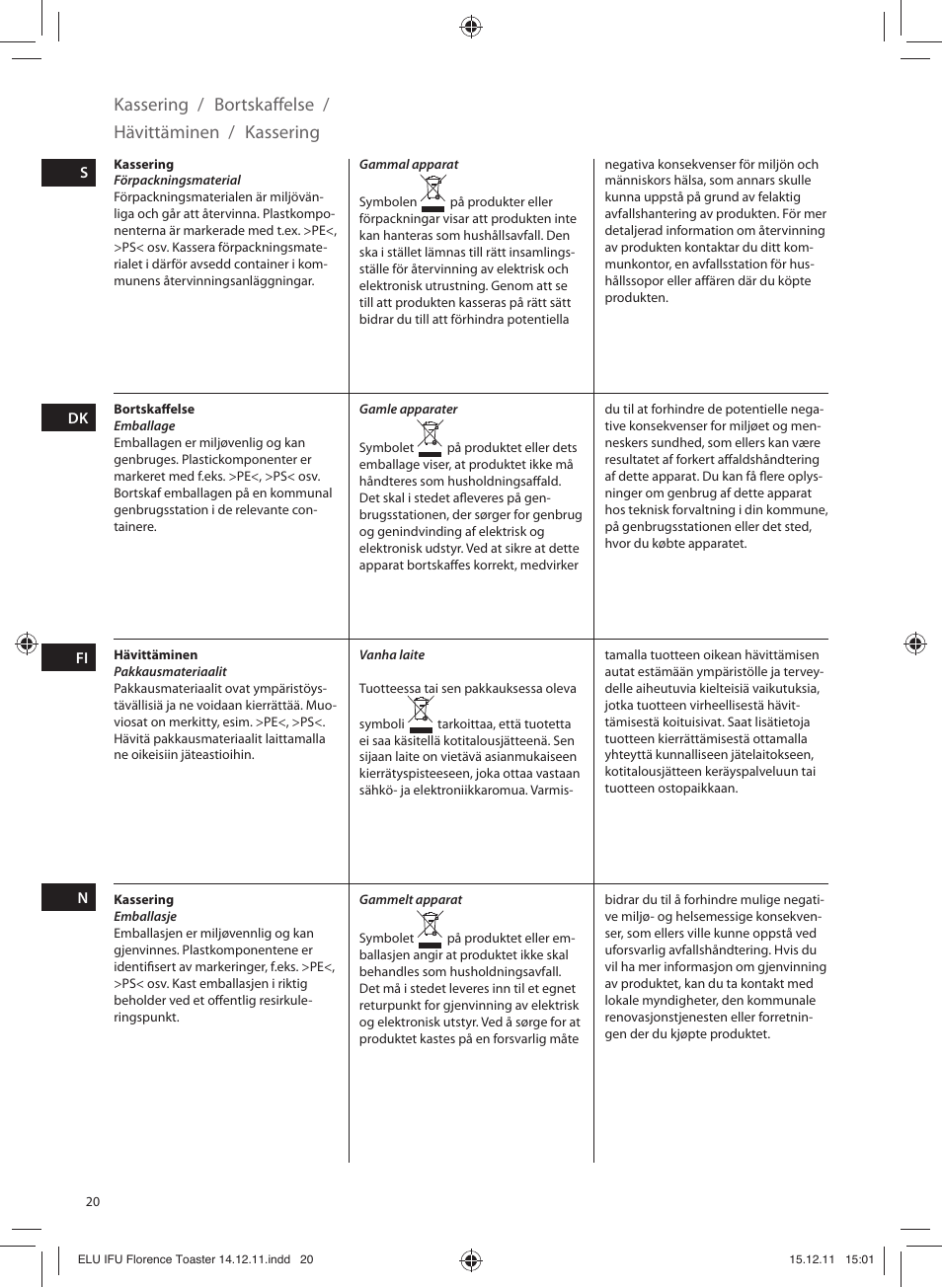 Kassering, Bortskaffelse, Hävittäminen | Electrolux EAT5110 User Manual | Page 20 / 48