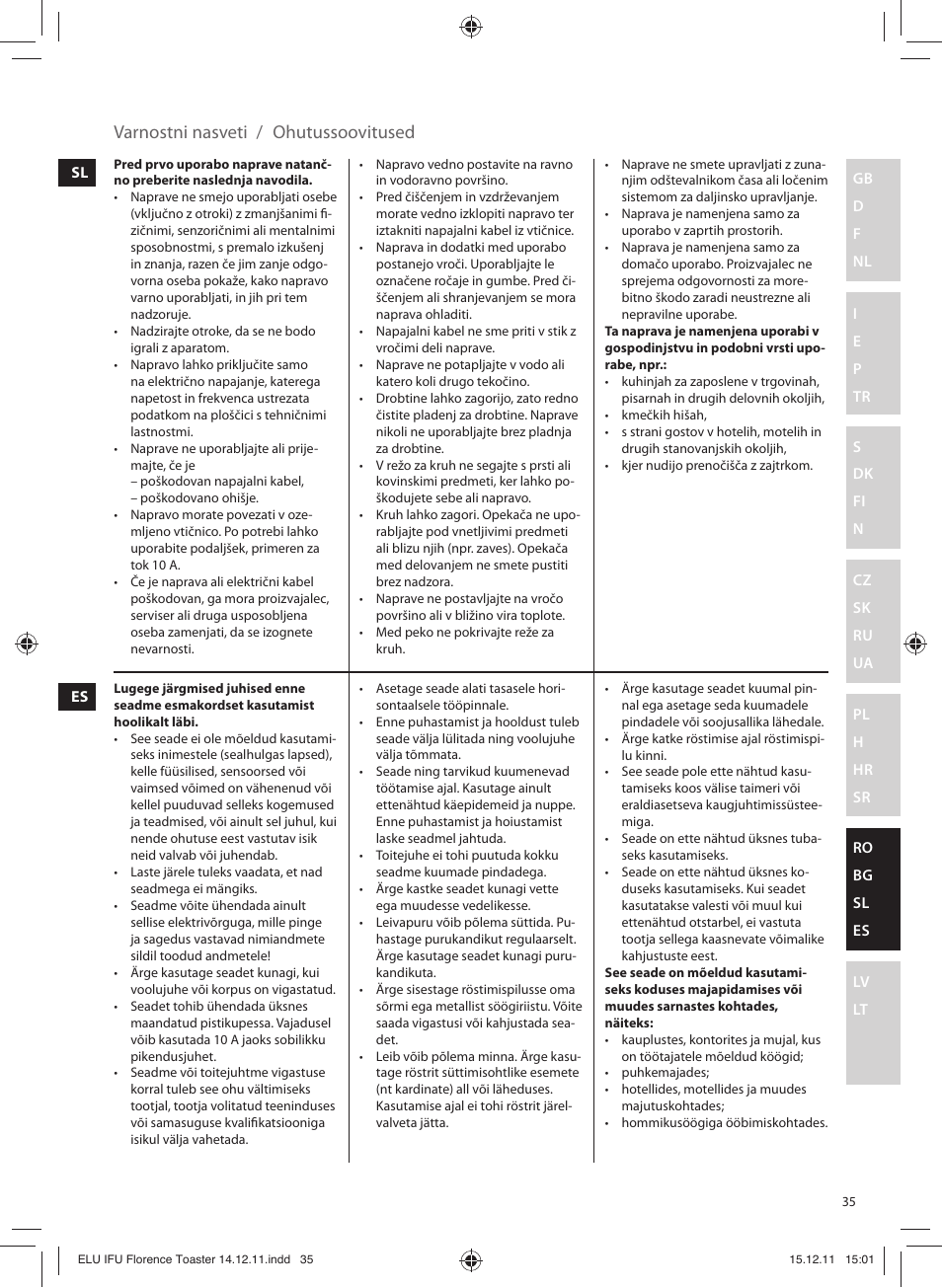 Varnostni nasveti / ohutussoovitused | Electrolux EAT5110 User Manual | Page 35 / 48