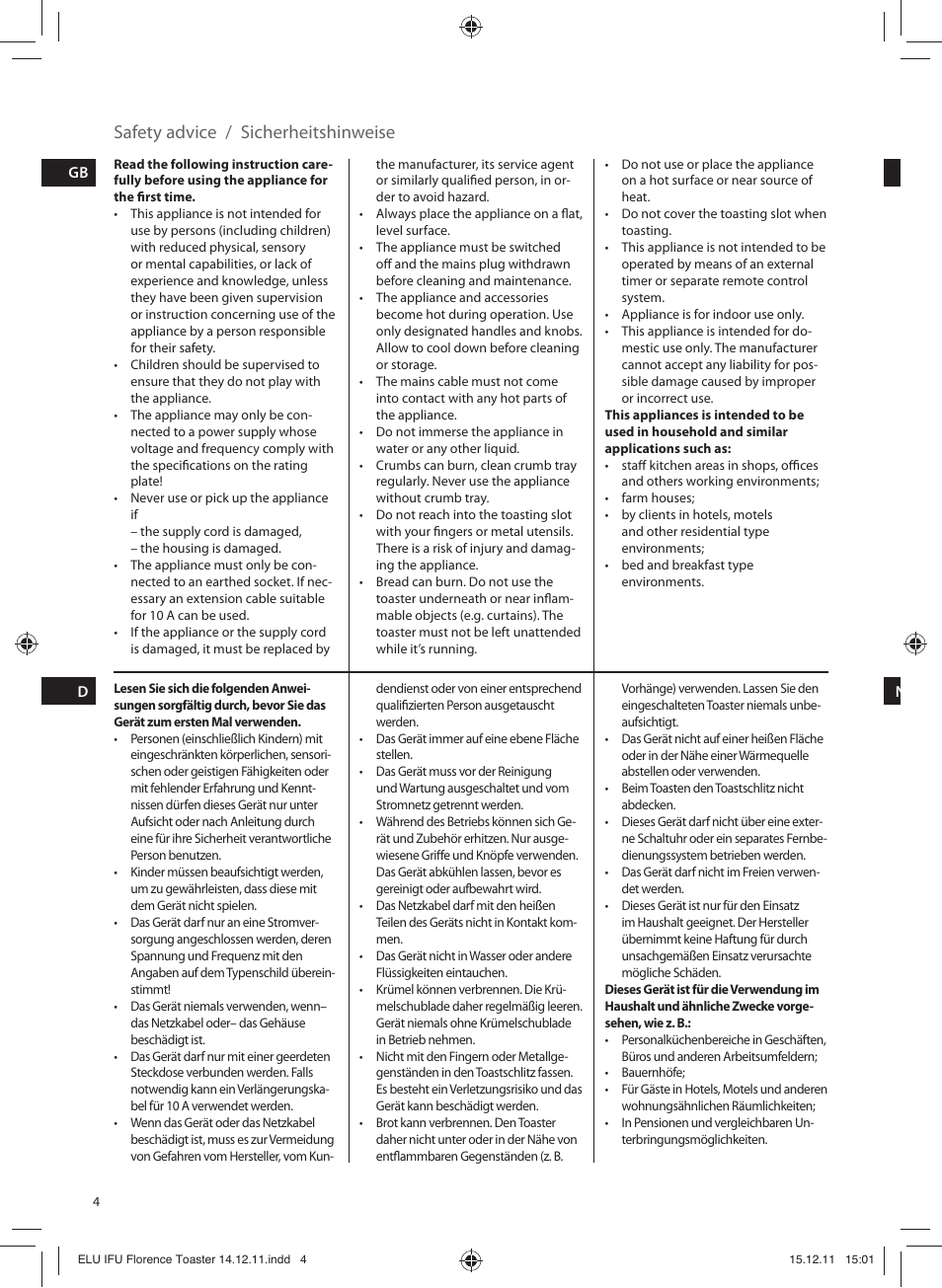 Sicherheitshinweise, Safety advice | Electrolux EAT5110 User Manual | Page 4 / 48