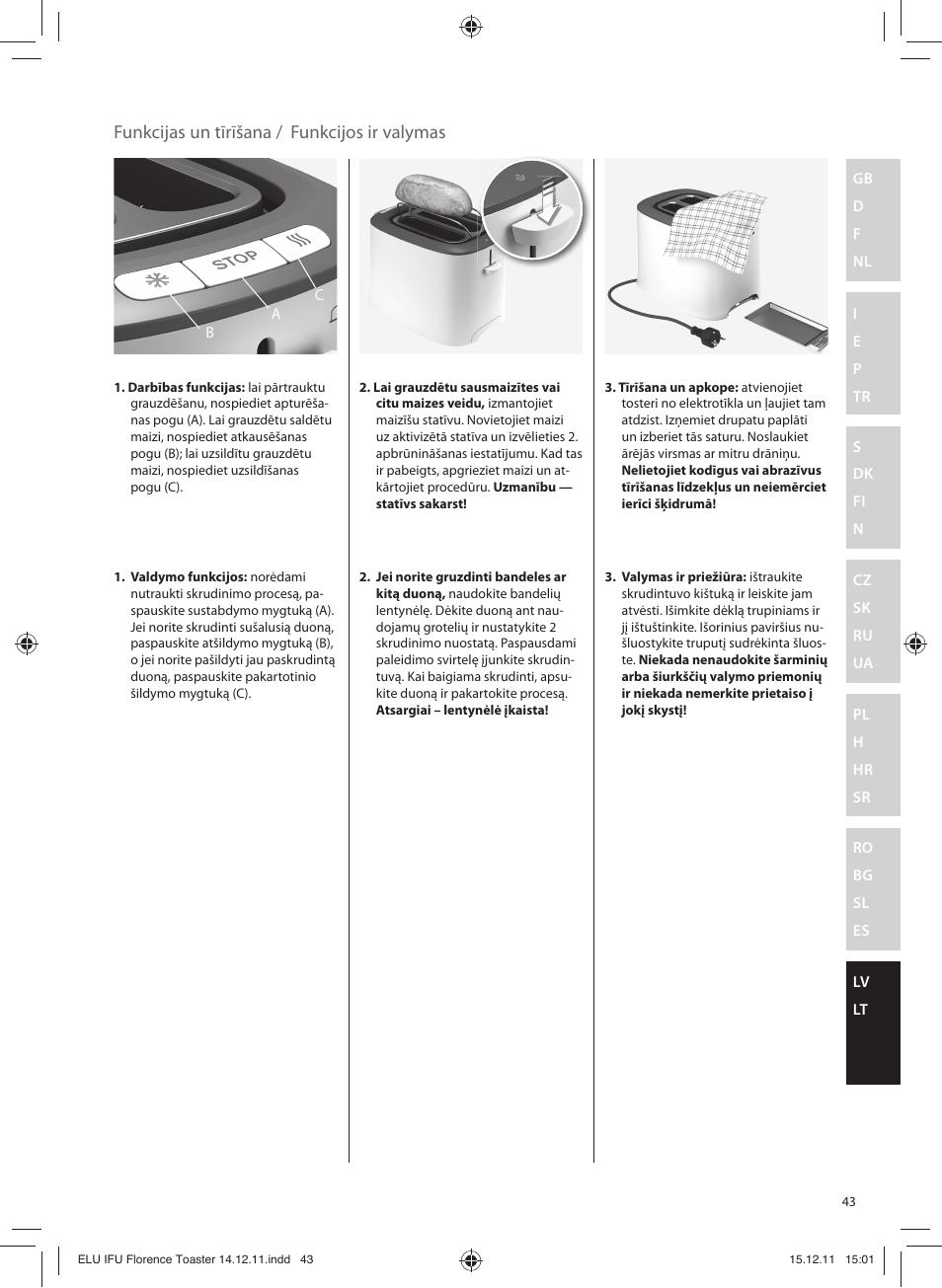 Funkcijas un tīrīšana, Funkcijos ir valymas | Electrolux EAT5110 User Manual | Page 43 / 48