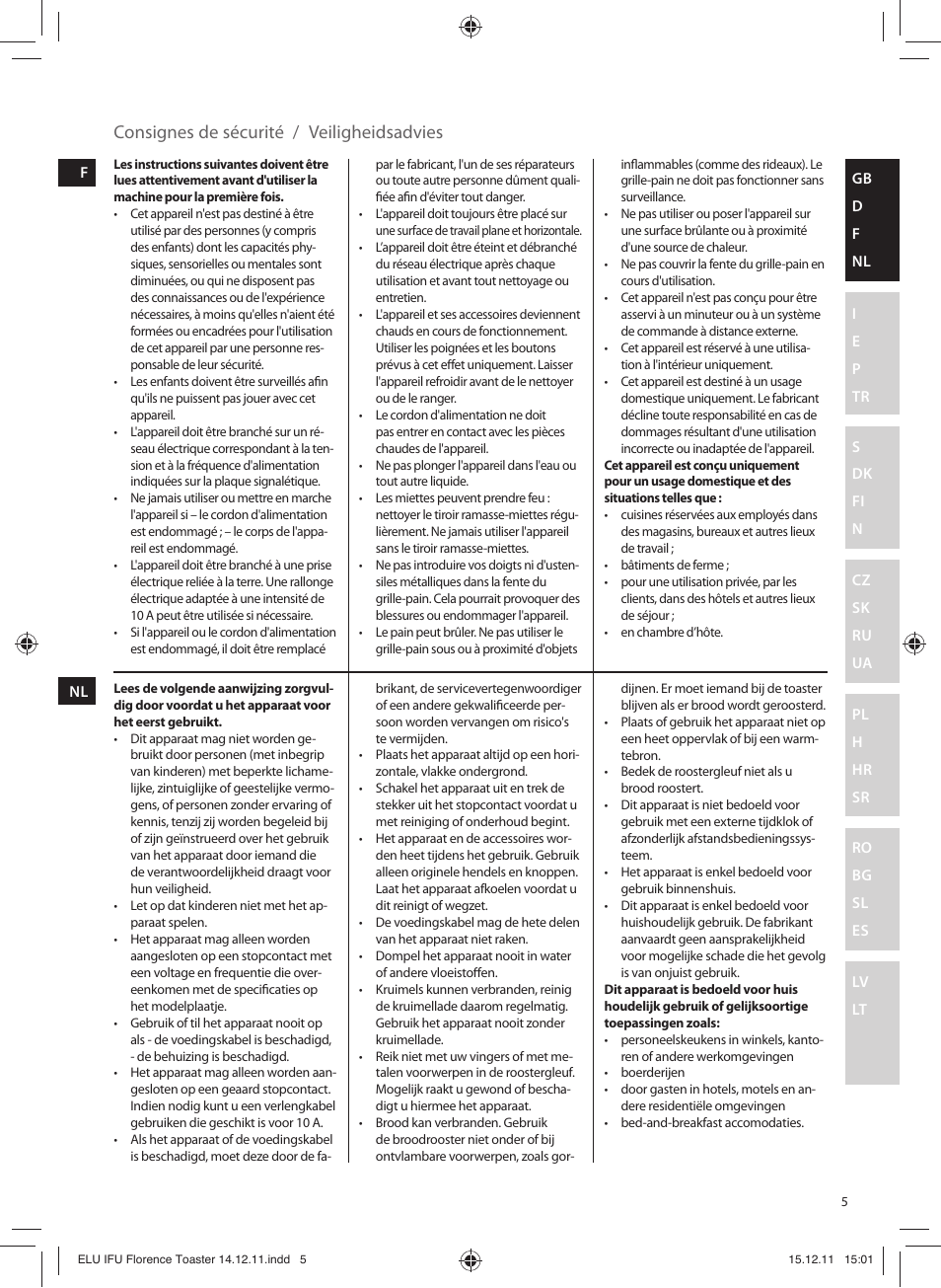 Consignes de sécurité / veiligheidsadvies | Electrolux EAT5110 User Manual | Page 5 / 48