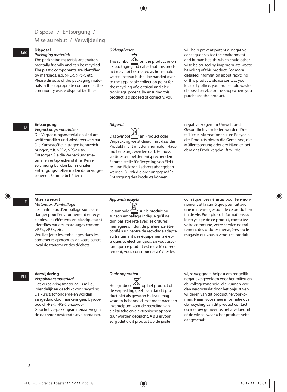 Disposal, Entsorgung, Mise au rebut | Verwijdering | Electrolux EAT5110 User Manual | Page 8 / 48