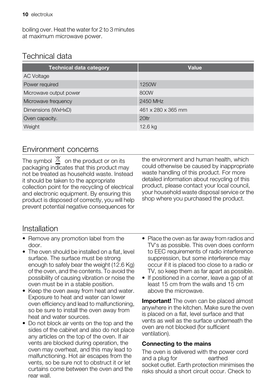 Technical data, Environment concerns, Installation | Electrolux EMS20100OX User Manual | Page 10 / 80