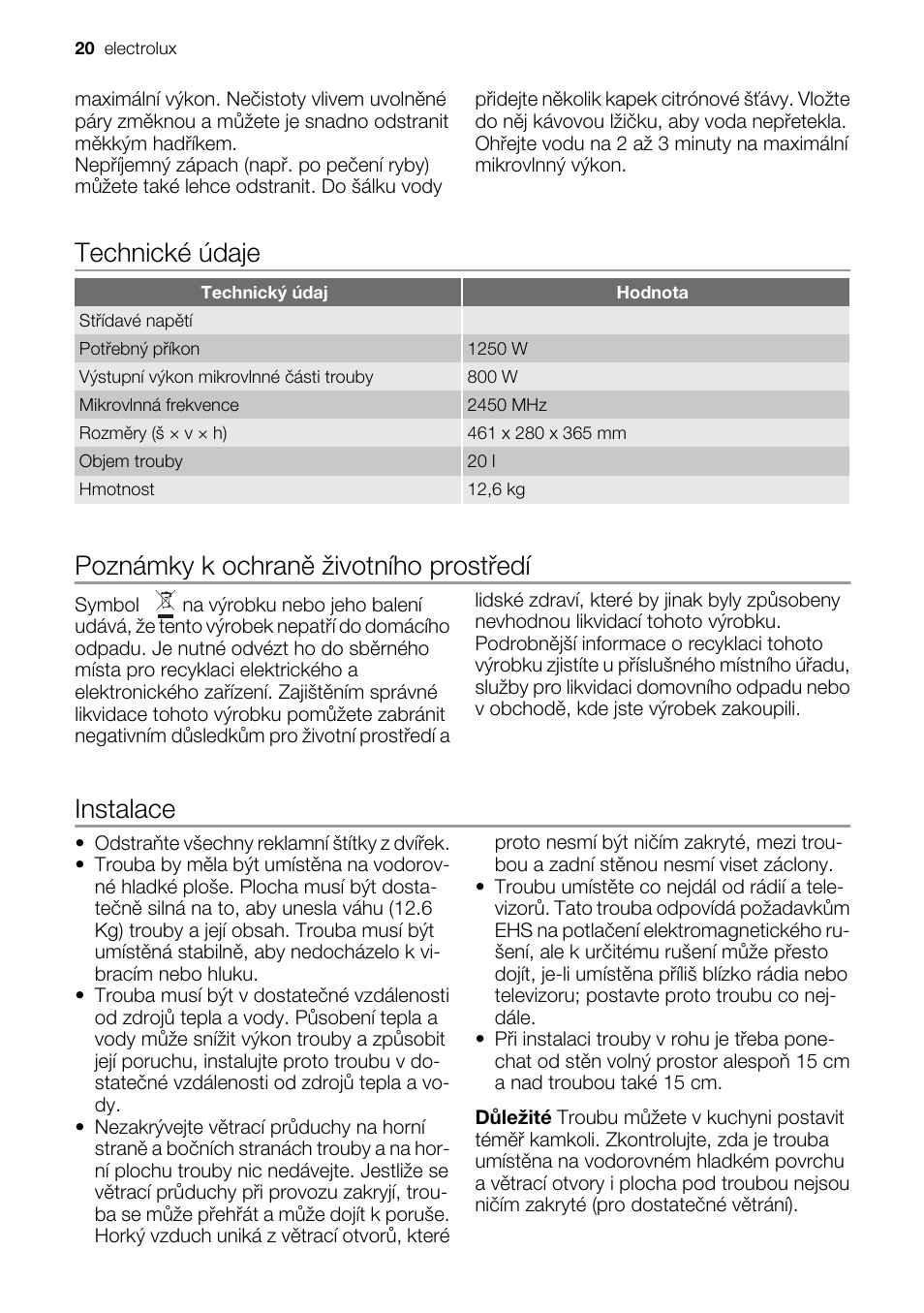 Technické údaje, Poznámky k ochran ģ životního prostŋedí, Instalace | Electrolux EMS20100OX User Manual | Page 20 / 80