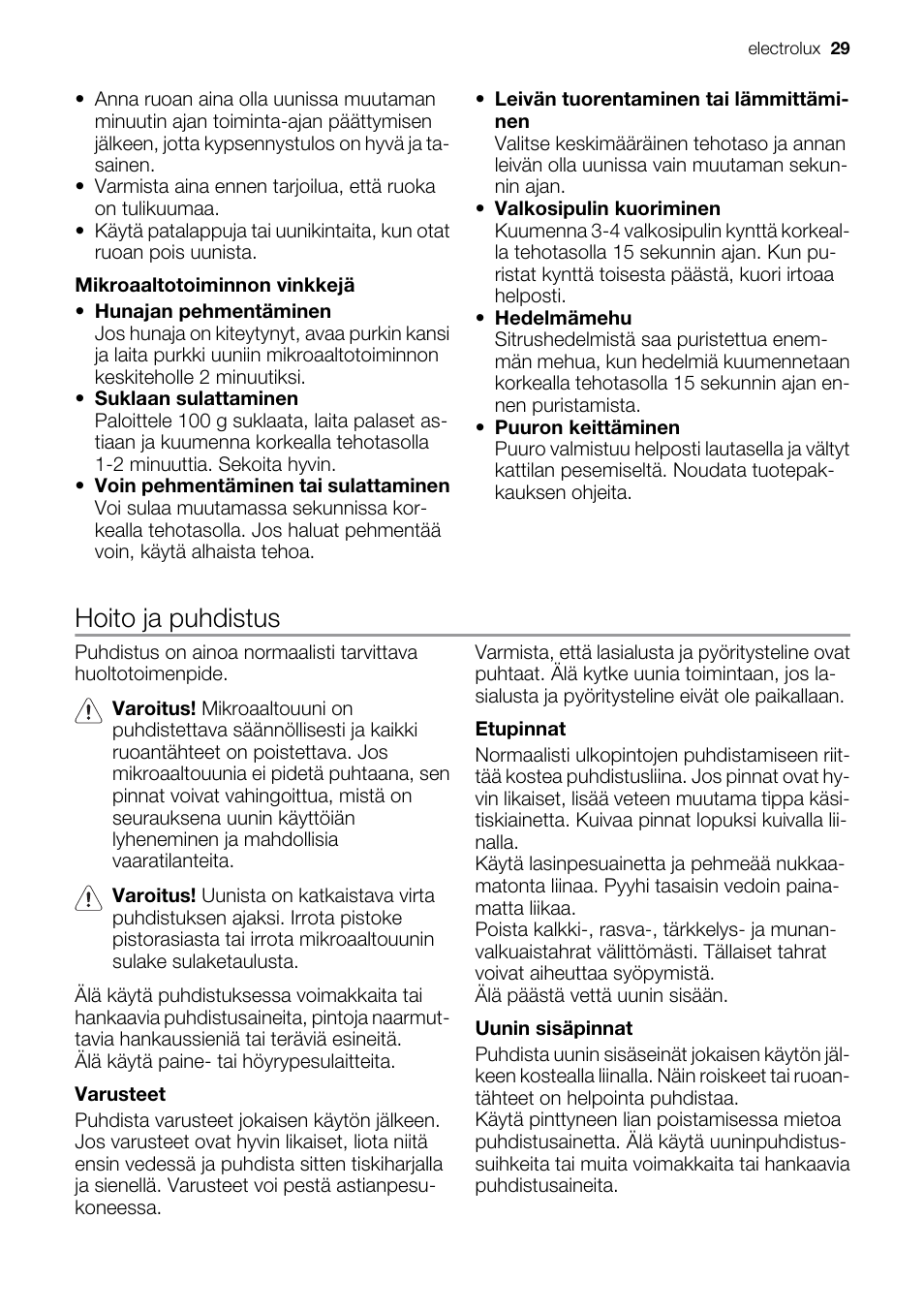 Hoito ja puhdistus | Electrolux EMS20100OX User Manual | Page 29 / 80