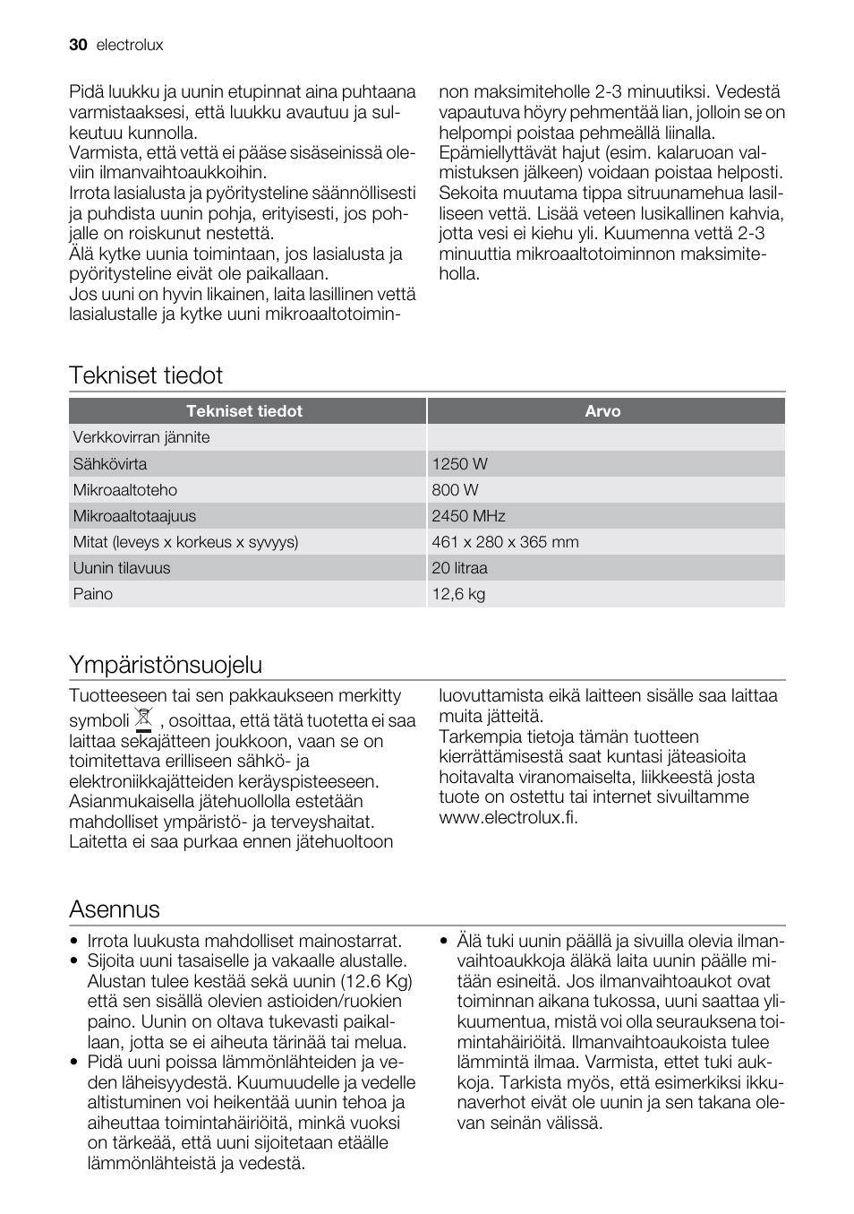 Tekniset tiedot, Ympäristönsuojelu, Asennus | Electrolux EMS20100OX User Manual | Page 30 / 80