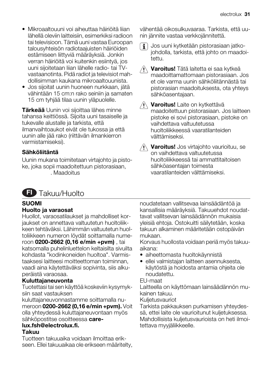 Takuu/huolto | Electrolux EMS20100OX User Manual | Page 31 / 80