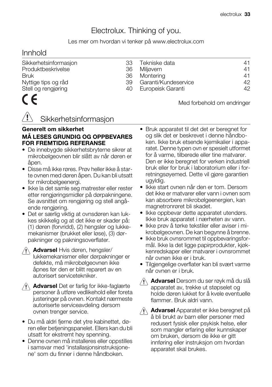 Electrolux. thinking of you, Innhold, Sikkerhetsinformasjon | Electrolux EMS20100OX User Manual | Page 33 / 80