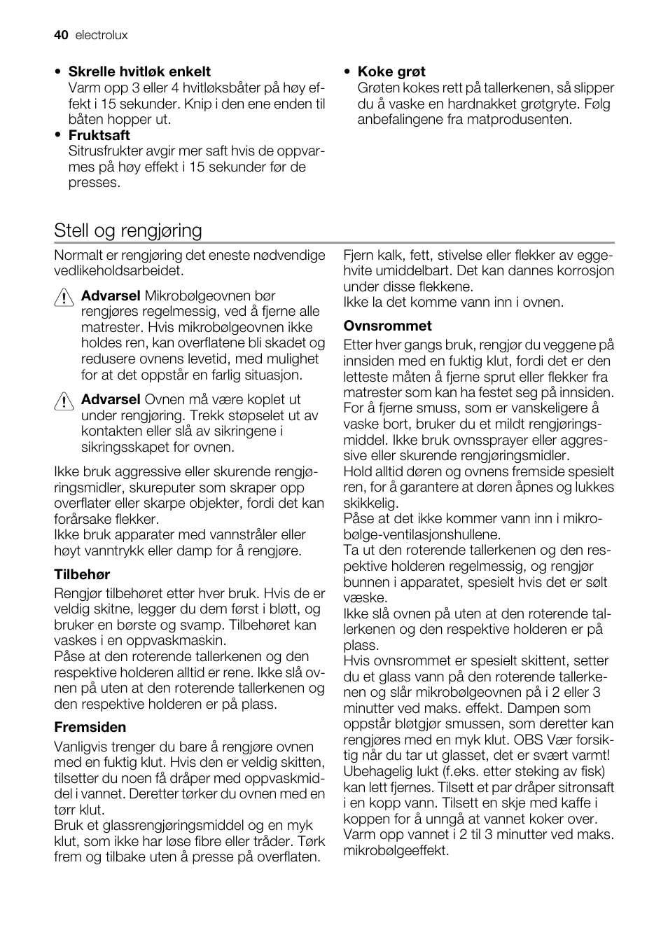 Stell og rengjøring | Electrolux EMS20100OX User Manual | Page 40 / 80