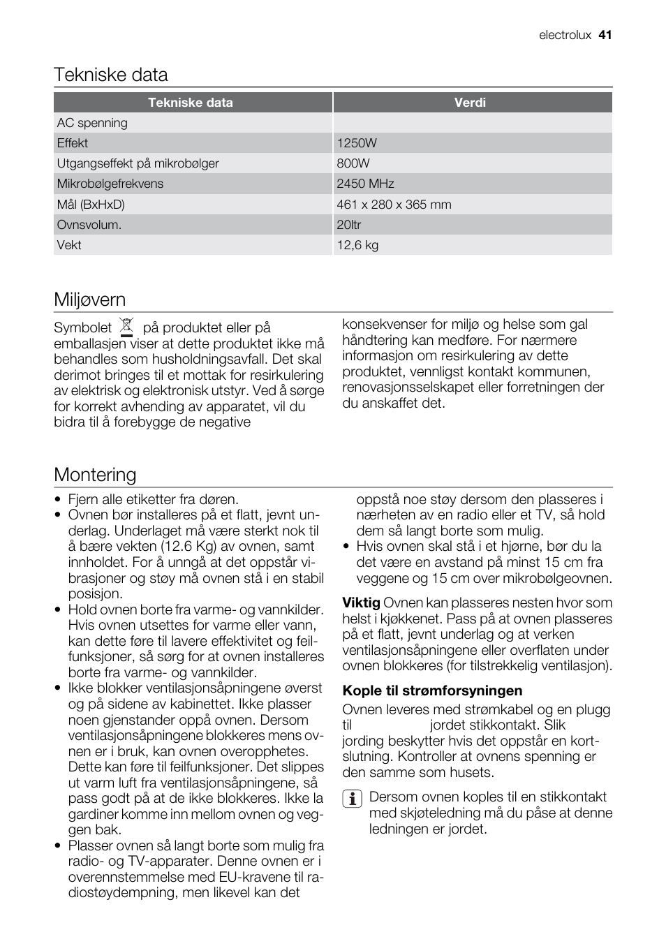 Tekniske data, Miljøvern, Montering | Electrolux EMS20100OX User Manual | Page 41 / 80