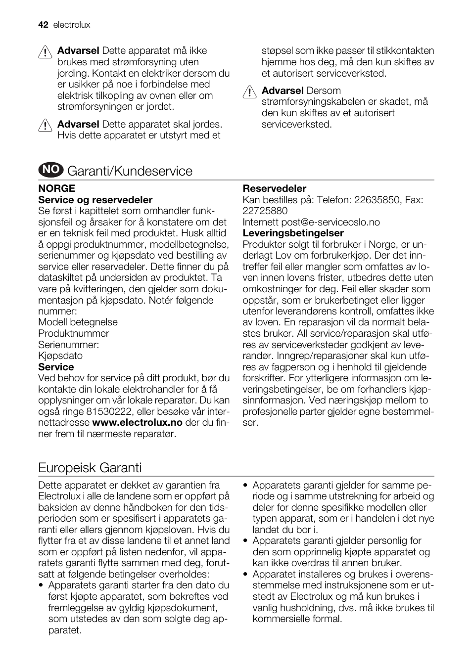 Garanti/kundeservice, Europeisk garanti | Electrolux EMS20100OX User Manual | Page 42 / 80