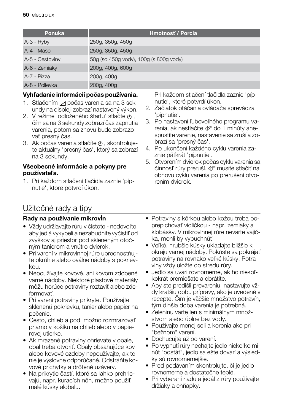 Užito ěné rady a tipy | Electrolux EMS20100OX User Manual | Page 50 / 80