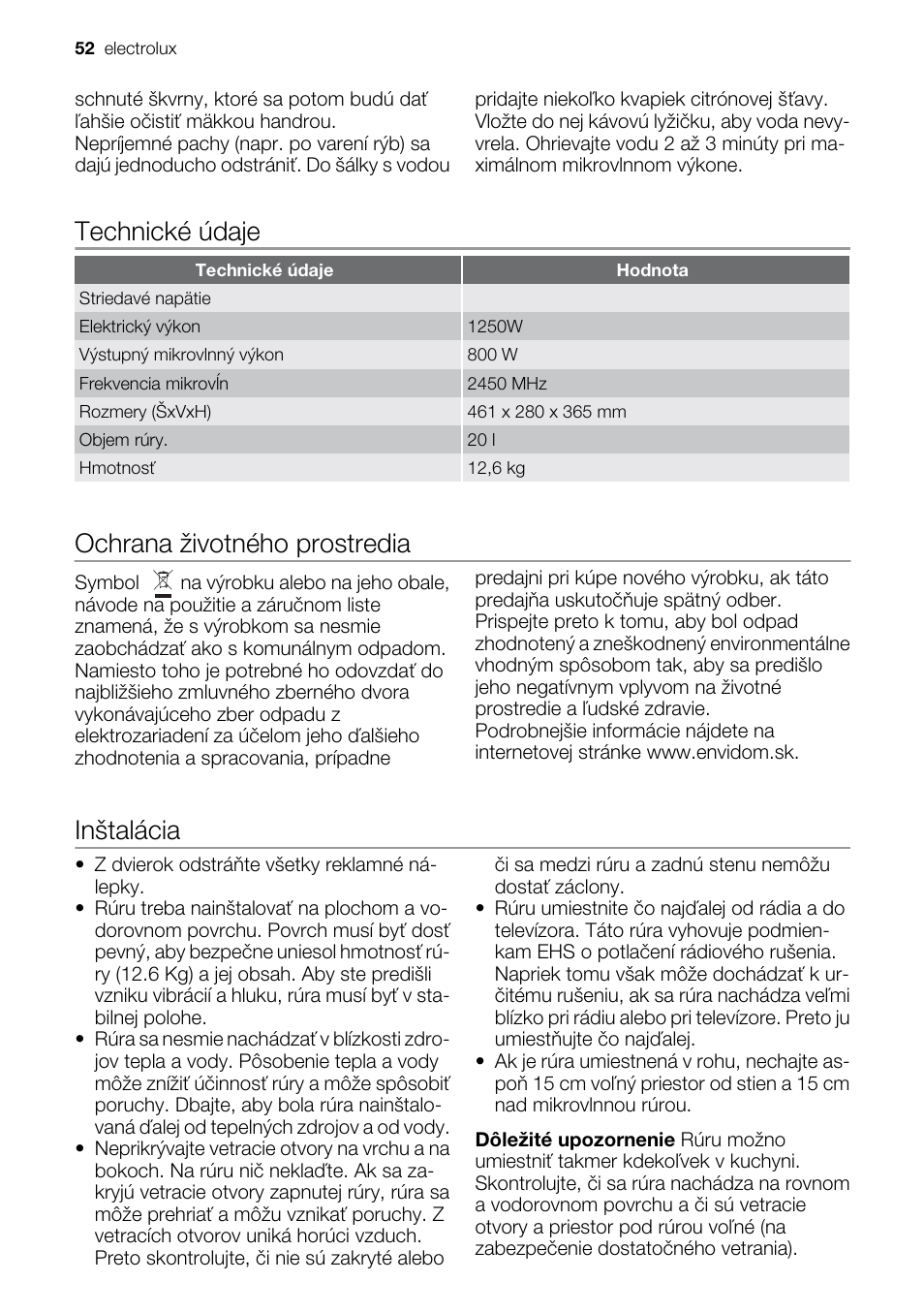 Technické údaje, Ochrana životného prostredia, Inštalácia | Electrolux EMS20100OX User Manual | Page 52 / 80