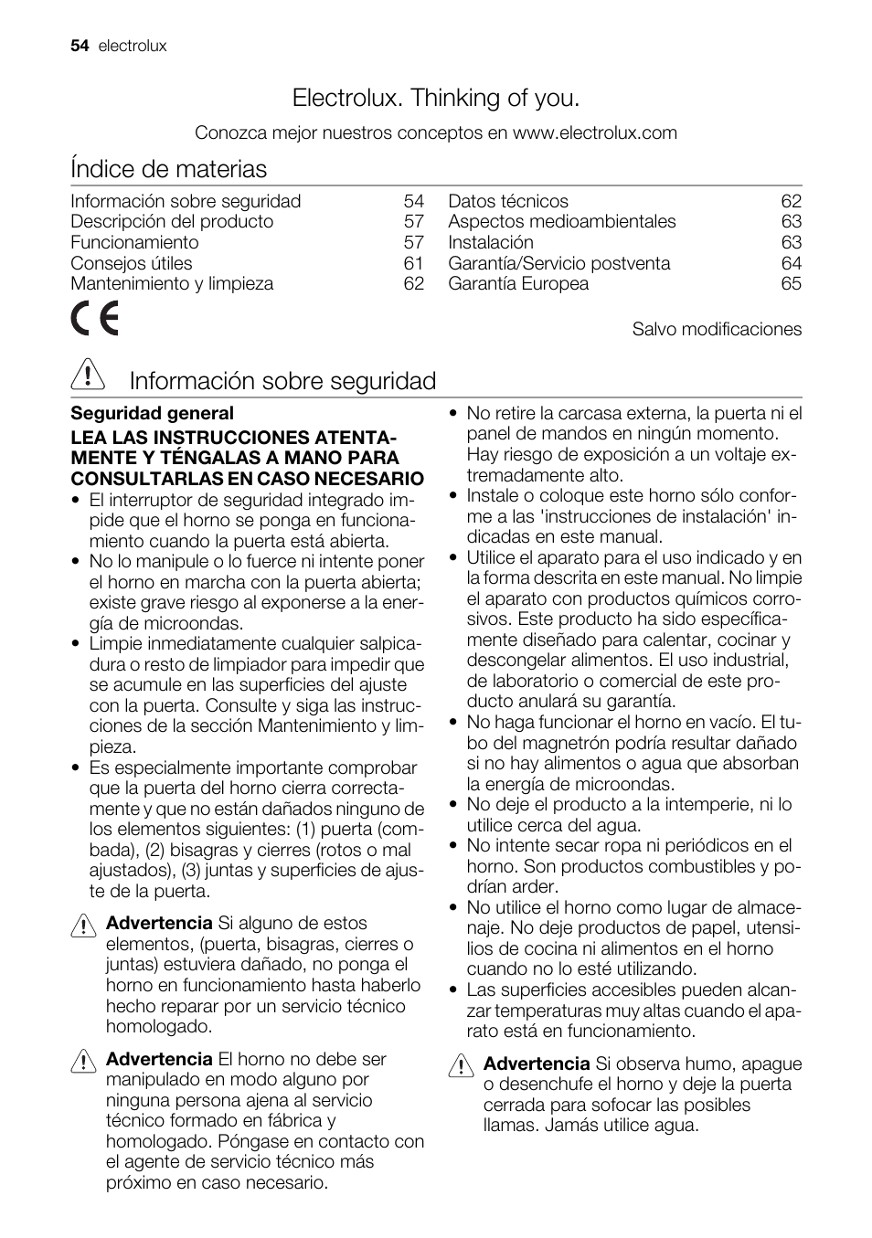 Electrolux. thinking of you, Índice de materias, Información sobre seguridad | Electrolux EMS20100OX User Manual | Page 54 / 80