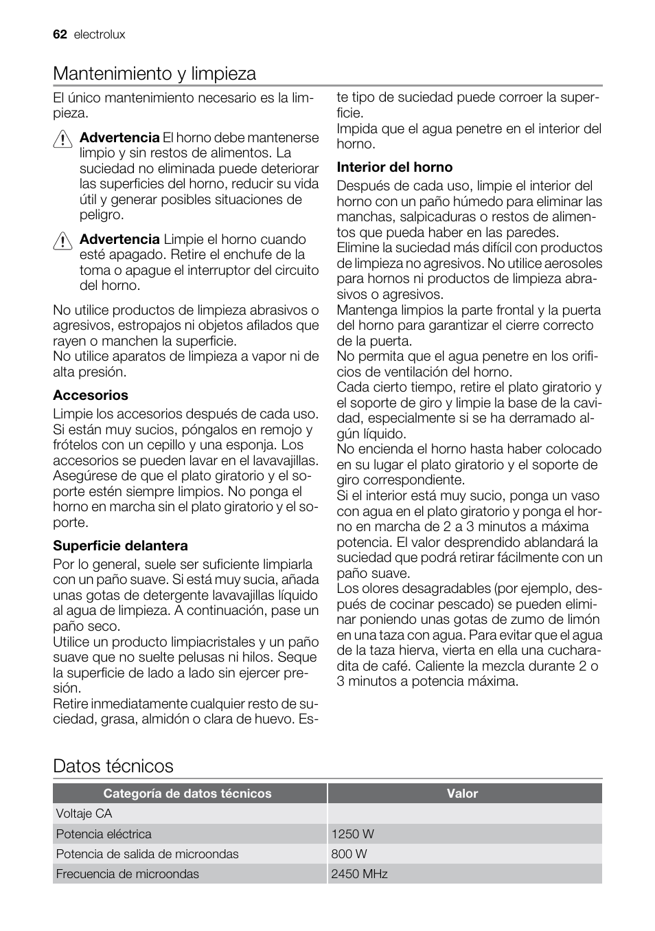 Mantenimiento y limpieza, Datos técnicos | Electrolux EMS20100OX User Manual | Page 62 / 80