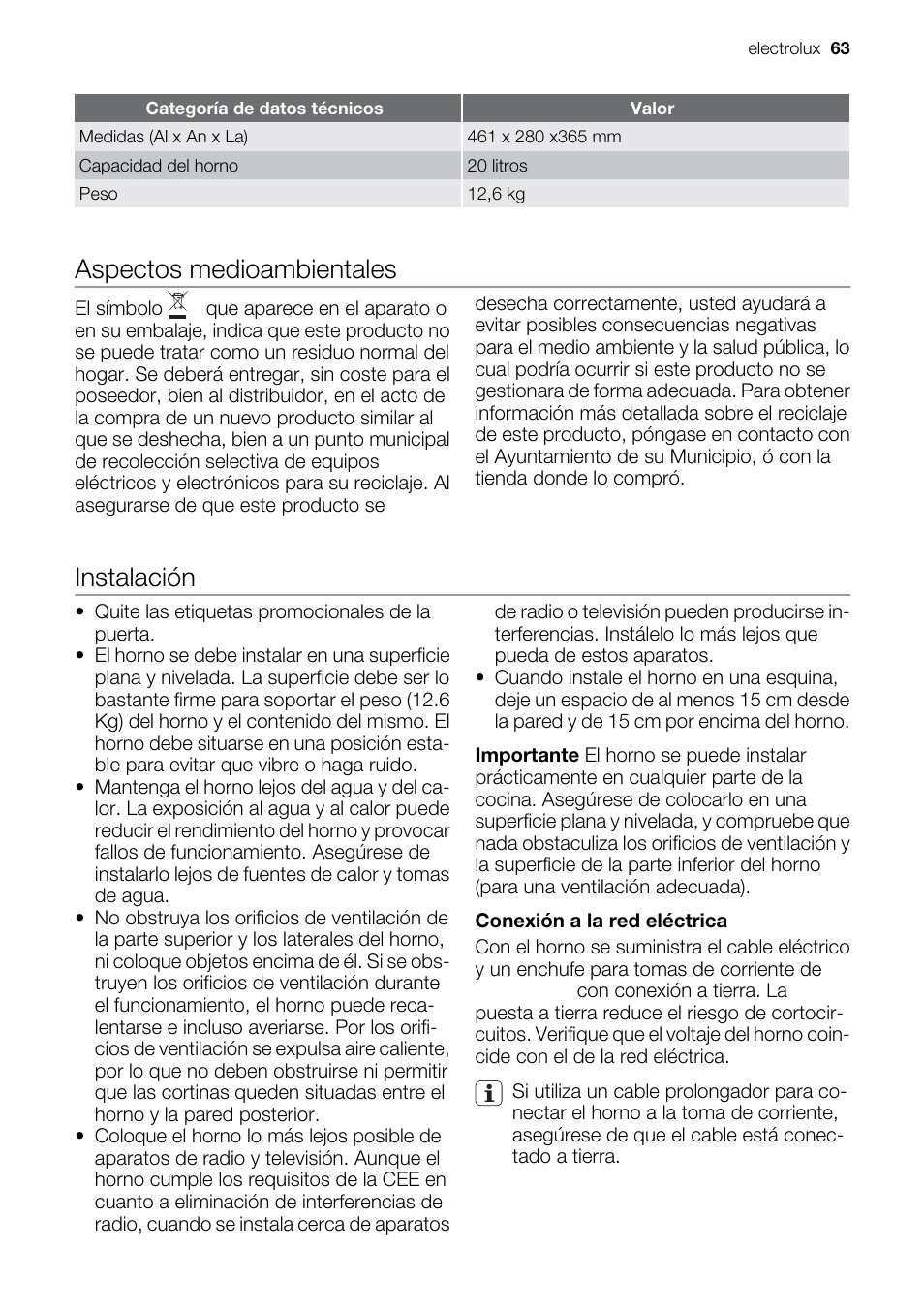 Aspectos medioambientales, Instalación | Electrolux EMS20100OX User Manual | Page 63 / 80