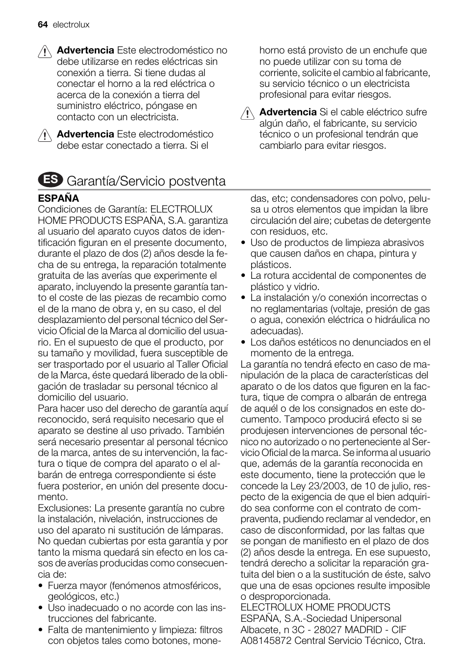 Garantía/servicio postventa | Electrolux EMS20100OX User Manual | Page 64 / 80