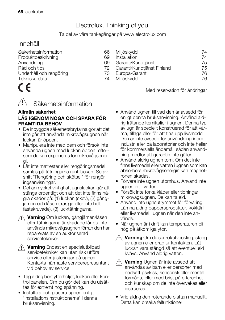 Electrolux. thinking of you, Innehåll, Säkerhetsinformation | Electrolux EMS20100OX User Manual | Page 66 / 80