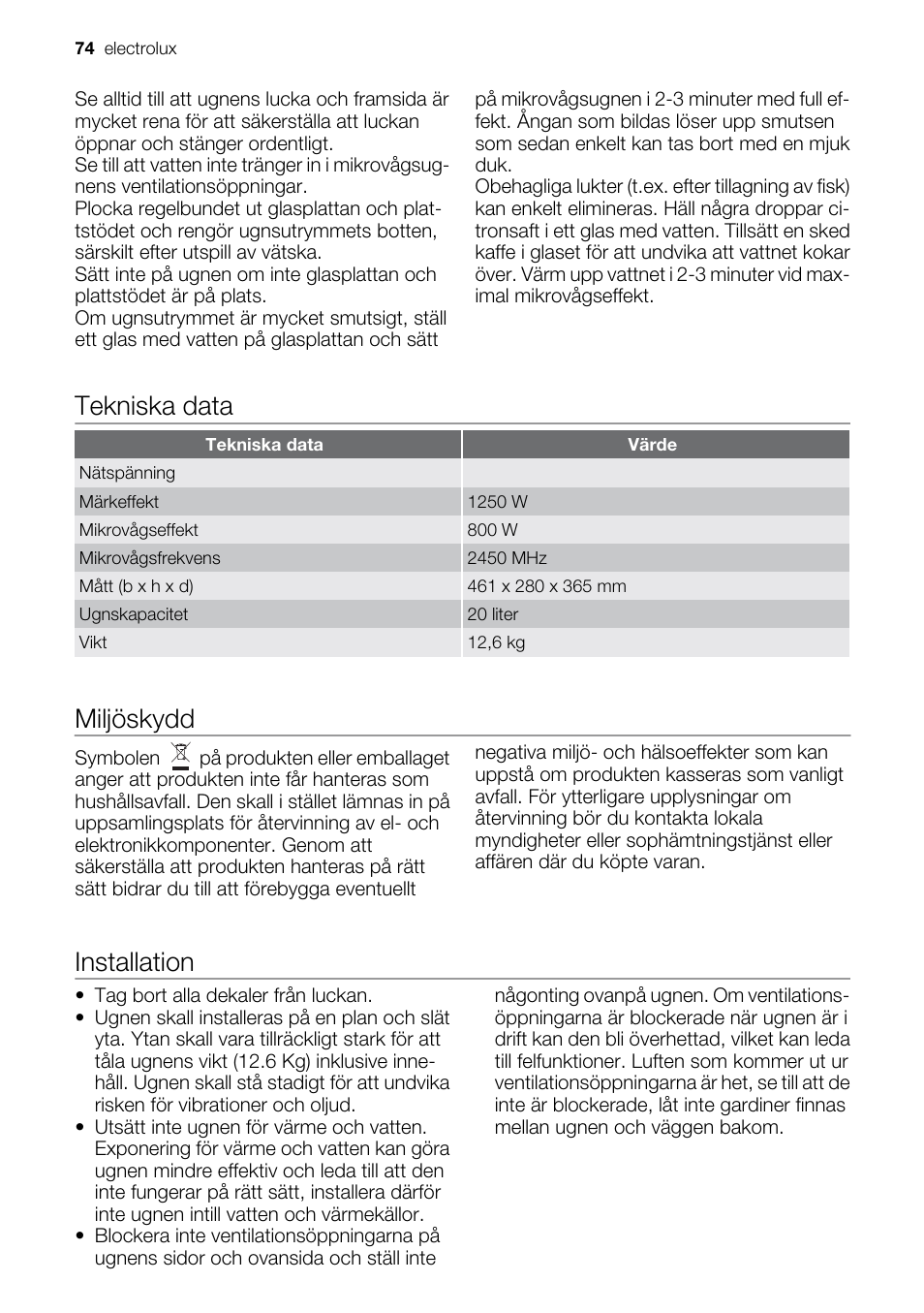 Tekniska data, Miljöskydd, Installation | Electrolux EMS20100OX User Manual | Page 74 / 80