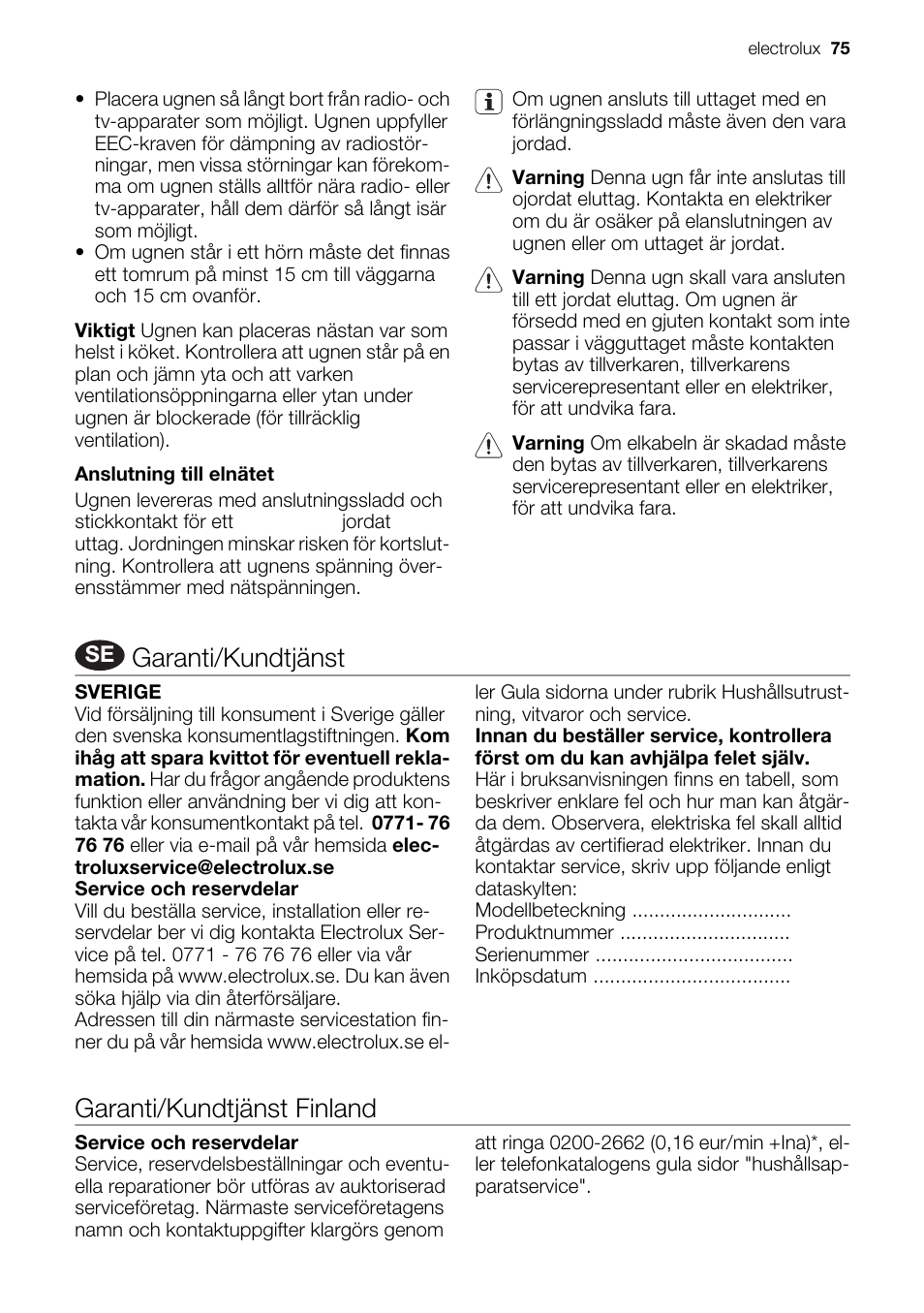 Garanti/kundtjänst, Garanti/kundtjänst finland | Electrolux EMS20100OX User Manual | Page 75 / 80