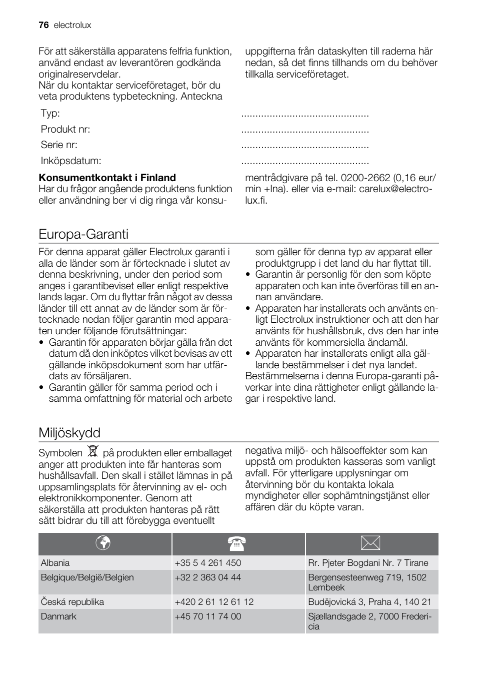 Europa-garanti, Miljöskydd | Electrolux EMS20100OX User Manual | Page 76 / 80