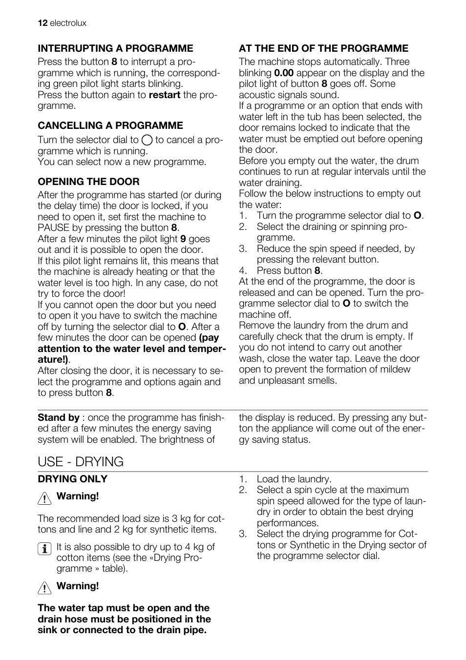 Use - drying | Electrolux EWX147410W User Manual | Page 12 / 64