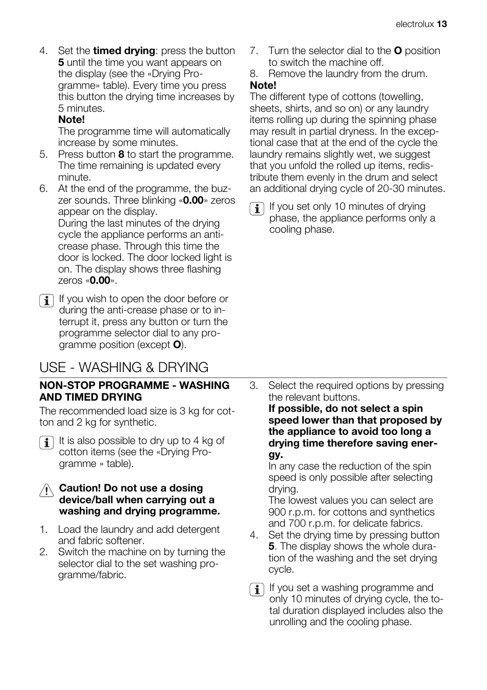 Use - washing & drying | Electrolux EWX147410W User Manual | Page 13 / 64