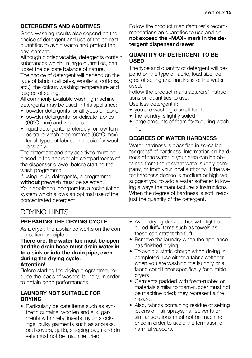 Drying hints | Electrolux EWX147410W User Manual | Page 15 / 64