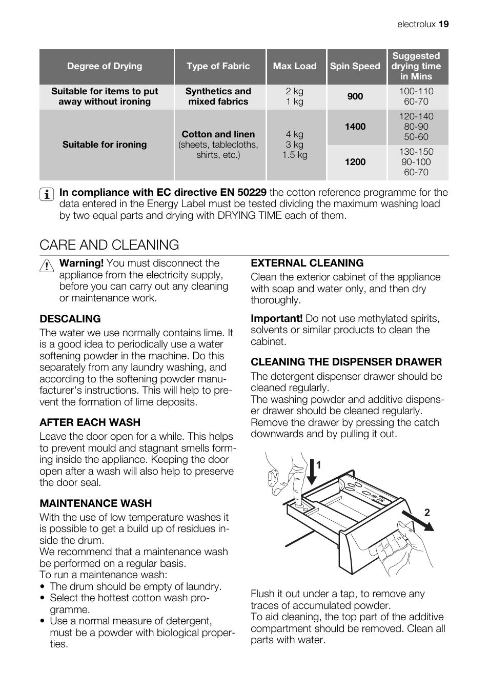 Care and cleaning | Electrolux EWX147410W User Manual | Page 19 / 64