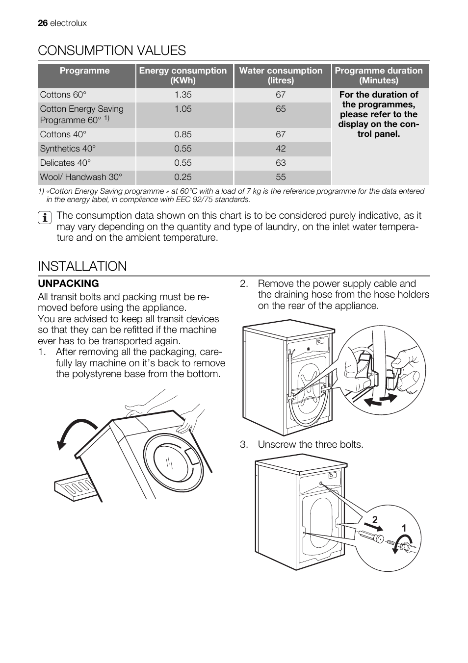 Consumption values, Installation | Electrolux EWX147410W User Manual | Page 26 / 64