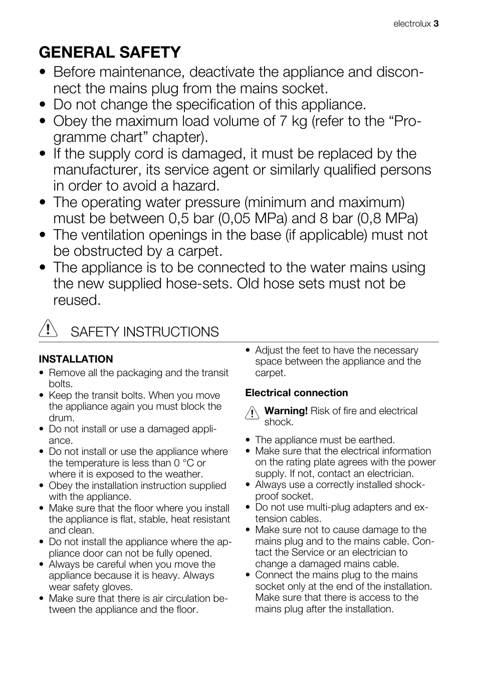 General safety, Safety instructions | Electrolux EWX147410W User Manual | Page 3 / 64